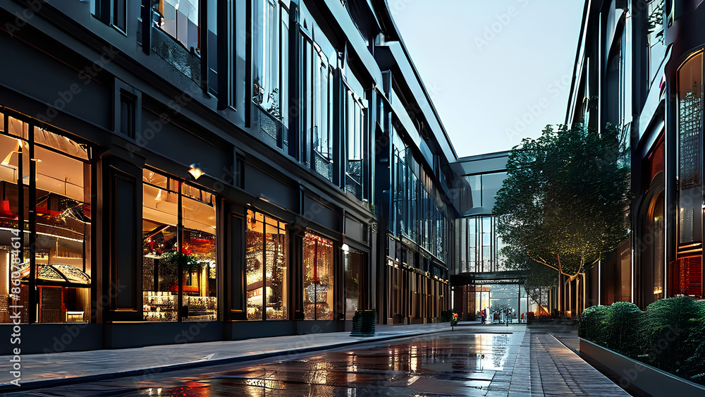 Wall mural night time front view of a shopping mall with glass windows and glass doors