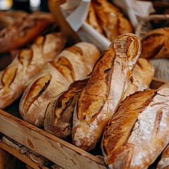 A wooden tray with several loaves of bread on it