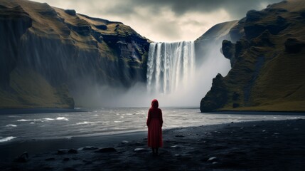 A figure draped in a red cloak stands at the base of a mighty waterfall, with the contrasting elements of water and rock creating a powerful and dramatic visual impact.