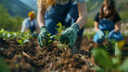 Naklejka premium Volunteers plant trees together in a nature campaign 