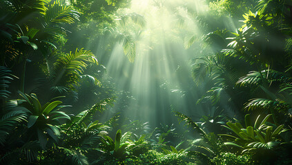 A lush, dense jungle with sunlight filtering through the green leaves
