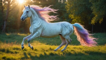 A magical white unicorn running through a field at sunset