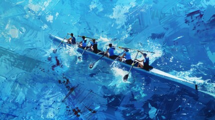 Athletes in a rowing team are captured in dynamic motion, cutting through the textured blue waters with synchronized strokes, symbolizing strength, coordination, and perseverance.