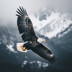 Obraz premium A majestic eagle is soaring through the sky above a snowy mountain range