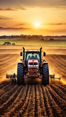 Fototapeta premium sunset, tractor plows fields, marking end of day of hard work under beautiful horizon