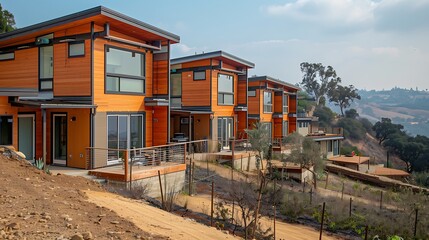 series of hillside homes threatened by wildfires, now retrofitted with fire-resistant fiber cement siding to provide greater safety and peace of mind for residents