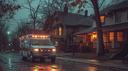 Obraz premium Ambulance Driving On Residential Street At Night