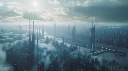 A cityscape with tall buildings and a river in the foreground