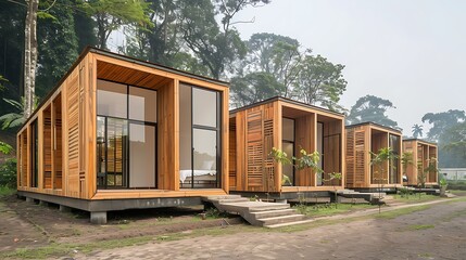 series of modular wooden homes designed for quick assembly in disaster relief scenarios, combining durability with comfort
