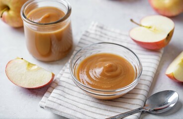Apple puree in a glass on a white background