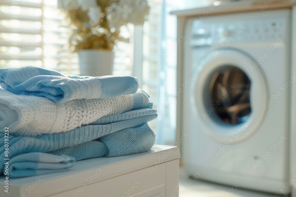 Poster a stack of freshly washed and folded laundry sits on a white countertop next to a washing machine in