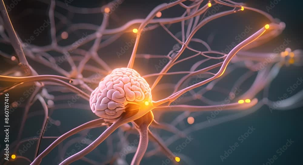 Poster brain neural network and neuron synapse firing 3d render 4k