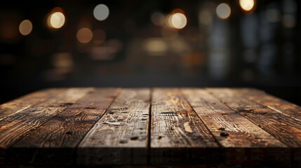 A close-up shot of a wooden table, highlighted by the beautiful bokeh effect of lights in the background, conveying warmth and a charming setting for any occasion.