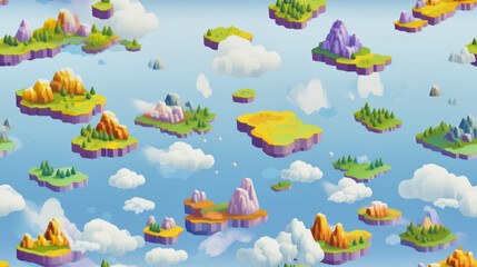 isometric landscape in retro game world style with floating  islands