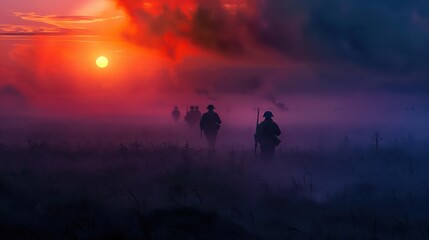 Fototapeta premium Battlefield at dawn, the silhouettes of fallen soldiers barely visible through the morning mist