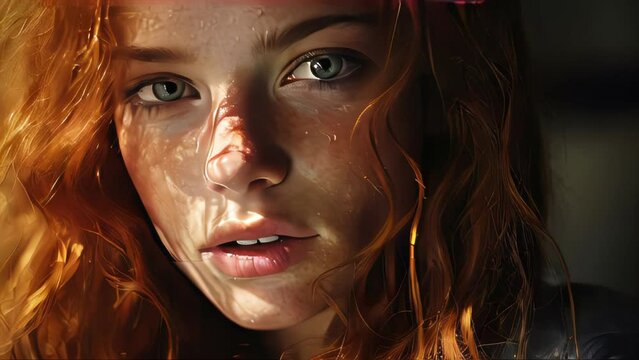 Beautiful face with freckles of a cute red-haired young woman in the sun's rays