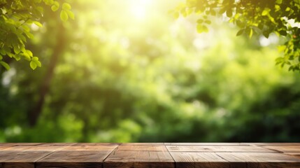 A wooden picnic table in a forest setting with the sun shining through the leaves, creating a serene and inviting atmosphere, perfect for relaxation and leisure activities.