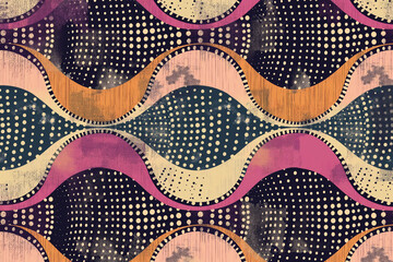 seamless pattern with waves, Ultra-realistic seamless wavy pattern inspired by Seigaiha print in a polka dot style, featuring a grunge texture for a bohemian ornament suitable for home textiles, packa