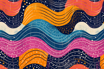 seamless pattern with waves, Ultra-realistic seamless wavy pattern inspired by Seigaiha print in a polka dot style, featuring a grunge texture for a bohemian ornament suitable for home textiles, packa