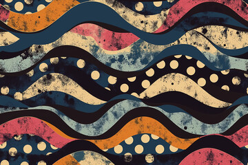 seamless pattern with waves, Ultra-realistic seamless wavy pattern inspired by Seigaiha print in a polka dot style, featuring a grunge texture for a bohemian ornament suitable for home textiles, packa