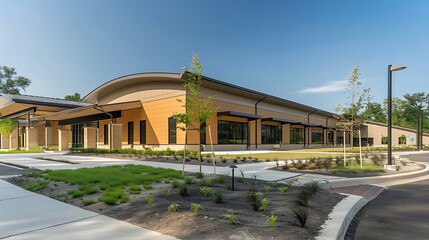 suburban community center with a facade of interlocking fiber cement panels, designed to be easily maintained and resistant to the wear and tear of frequent community use