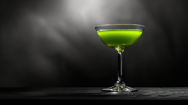 A coupe glass with a vibrant green cocktail