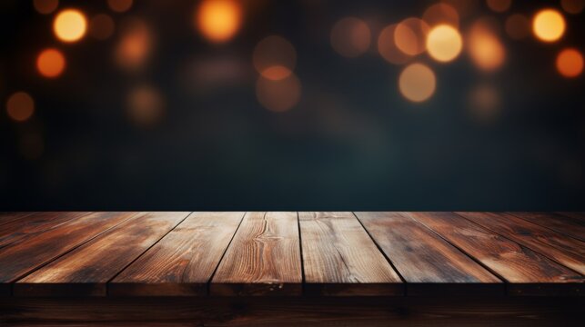 A rustic wooden table is in the foreground, with the background filled with a blend of warm blurred lights, creating a night-time ambiance that is both cozy and elegant.