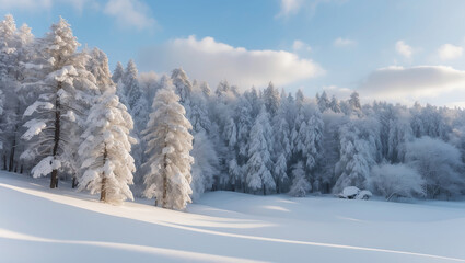 Obraz premium Stunning Snow-Covered Forest in Winter with Pristine Trees and Blue Sky for Serene Landscape Photography