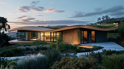 Fototapeta premium suburban home with an undulating wooden roof that mirrors the gentle hills of its environment, blending architecture with nature