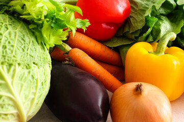 Different fresh vegetables on white background, closeup