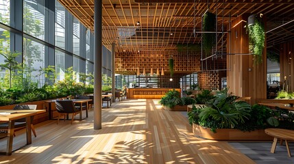 Fototapeta premium sustainable co-working space with a dynamic wooden facade that adjusts to the suna??s position, maximizing natural light and energy efficiency