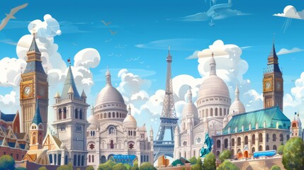 A playful, cartoon-styled illustration of an urban cityscape featuring famous landmarks, ideal for...