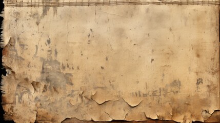 An old, decrepit sheet of paper displaying faint music notes on its upper edge, featuring prominent signs of wear and aging such as tears, stains, and discoloration.