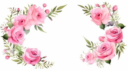 A delicate and beautiful watercolor illustration of pink roses and green leaves arranged to form an elegant floral frame, perfect for romantic and serene art designs.