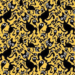Halloween animals seamless cats and pumpkins pattern for wrapping paper