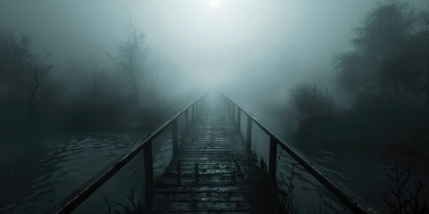 A foggy bridge leading into the unknown, with no end in sight and an air of mystery