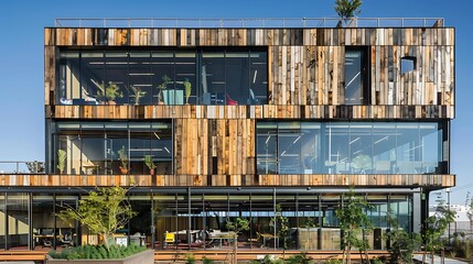 sustainable office building with a double-skin facade made from reclaimed wood, enhancing energy efficiency and workplace aesthetics