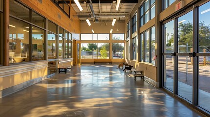 sustainable pet adoption center with easy-to-clean fiber cement flooring and walls, designed to provide a healthy, durable environment for animals and visitors alike