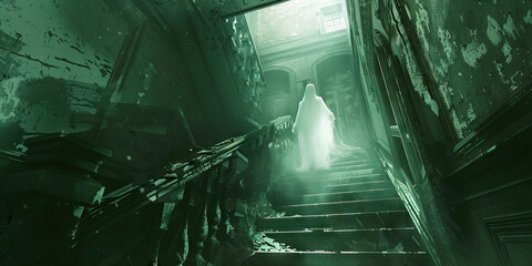 A ghostly apparition hovering above an ancient, decaying staircase in an abandoned mansion, casting a faint, otherworldly glow