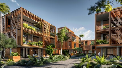 Obraz premium sustainable urban complex with facades of varied wooden patterns, each building a testament to modern eco-friendly design principles