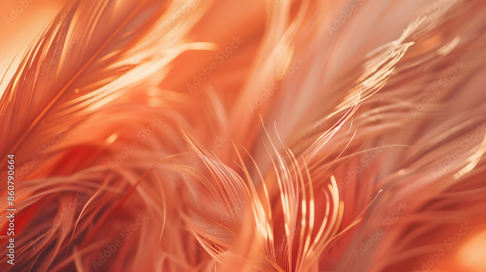Poster Bird feathers background toned in trending color of the year 2024 peach fuzz tenderness and softness concept selective focus : Generative AI