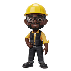 handsome dark-skinned african american construction worker memoji, emoji builder icon 3d render isolated on white, transparent background png