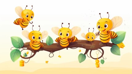 Fototapeta premium An adorable group of cartoon bees perched on a branch, each with cheerful expressions, surrounded by honeycombs and leaves in a charming, playful scene.