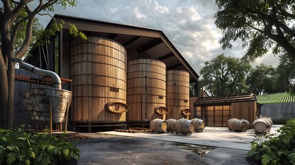 sustainable winery with wooden vats and a facade that uses repurposed wood from old wine barrels, maintaining the heritage and tradition of winemaking