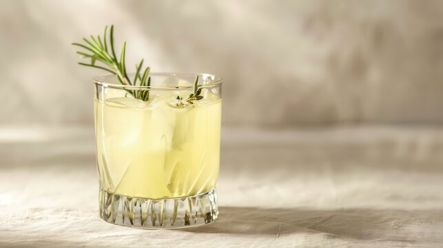 A glass tumbler with a pale yellow cocktail and a sprig of rosemary