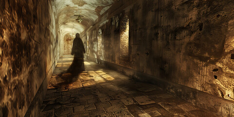 A ghostly figure drifting silently through an ancient, stone-walled corridor, with flickering torches casting eerie shadows
