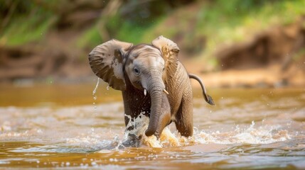 An adorable baby elephant is seen splashing playfully in the water, depicting a joyful and lively moment in the natural habitat, surrounded by lush greenery.