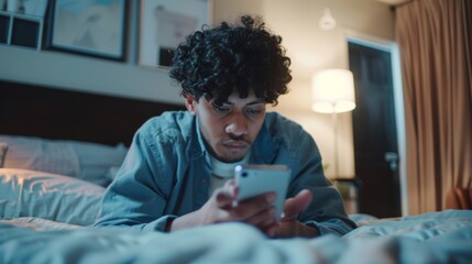 A young man lying down on his bed, intensely focused on his smartphone screen, is set in a cozy bedroom with warm lighting, radiating concentration and absorption in technology.