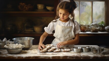 A young girl happily enjoys baking in a tranquil rustic kitchen, carefully shaping dough pastries while surrounded by vintage ingredients and cooking tools.