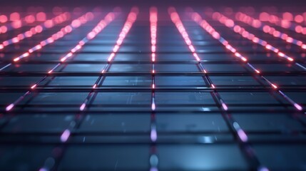 A futuristic, glowing grid of red and blue lights, representing advanced technology and modern digital innovation.